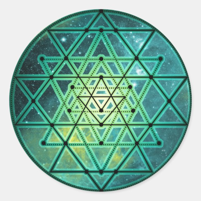 Pegatina Redonda Sri Yantra verde místico (Anverso)