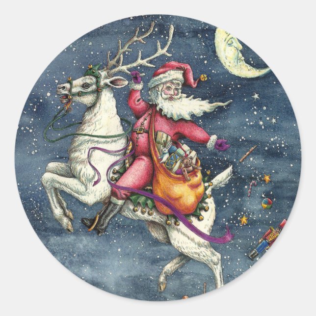 PEGATINA REDONDA ST. NICK, REINDEDOR BLANCO VOLANTE, NAVIDADES MAGI (Anverso)
