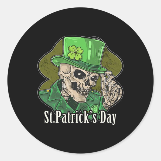 Pegatina Redonda St. Patrick Day Skeleton Clover Fun Sarcástico (Anverso)
