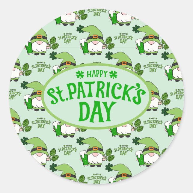 Pegatina Redonda St. Patrick’s Day Gnome Green Sticker (Anverso)