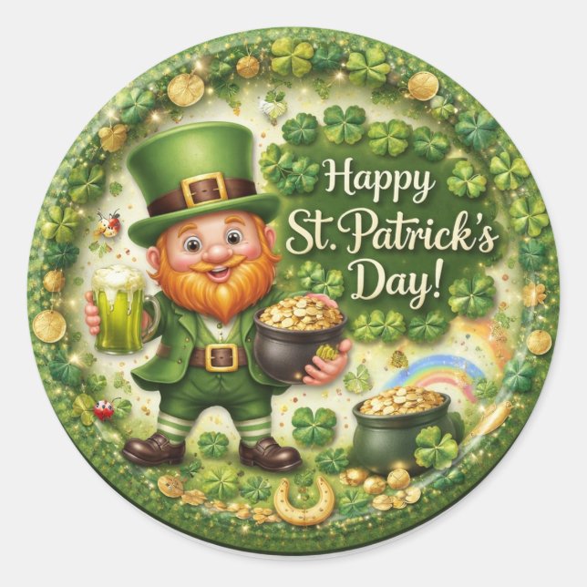 Pegatina Redonda St. Patrick’s Day Leprechaun Sticker Set (Anverso)