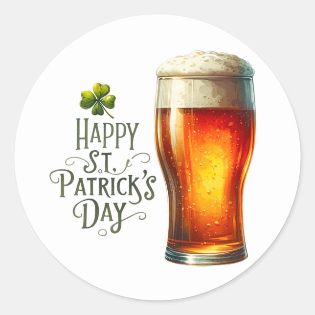 Pegatina Redonda St Patricks Day Beer Green Shamrock Ilustracion (Anverso)