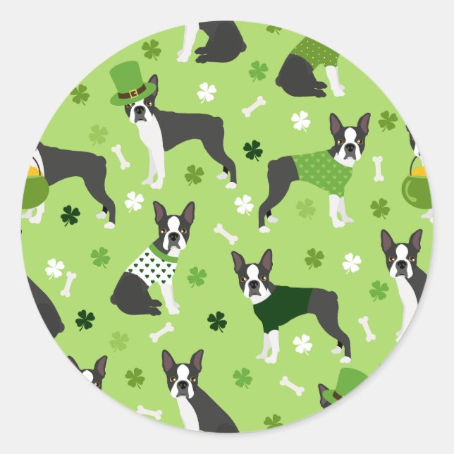 Pegatina Redonda St. Patrick's Day Boston Terrier (Anverso)