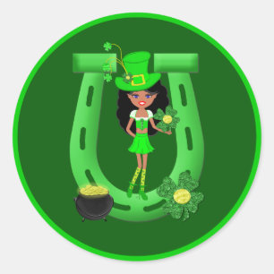 Pegatina Redonda St Patrick's Day Brunette Chica Leprechaun
