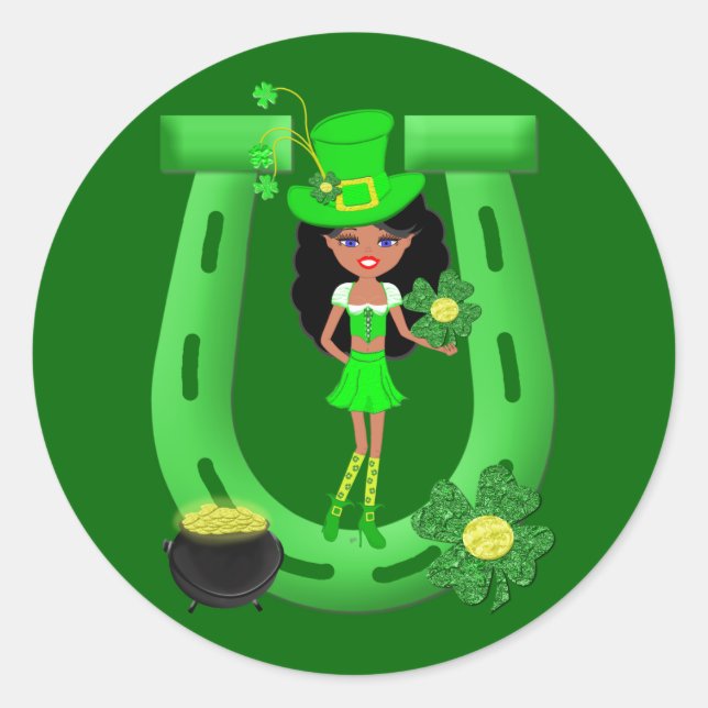 Pegatina Redonda St Patrick's Day Brunette Chica Leprechaun (Anverso)