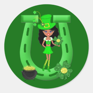 Pegatina Redonda St Patrick's Day Brunette Chica Leprechaun