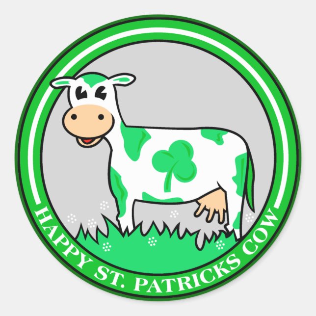 Pegatina Redonda St. Patrick's Day Cow Shamrock (Anverso)