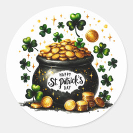 Pegatina Redonda St Patricks Day Green Shamrock Pot of Gold Design