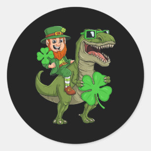 Pegatina Redonda St Patricks Day Leprechaun Riding T Rex Dino B