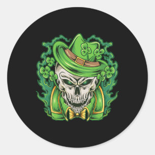 Pegatina Redonda St Patricks Day Leprechaun Skull Shamrock