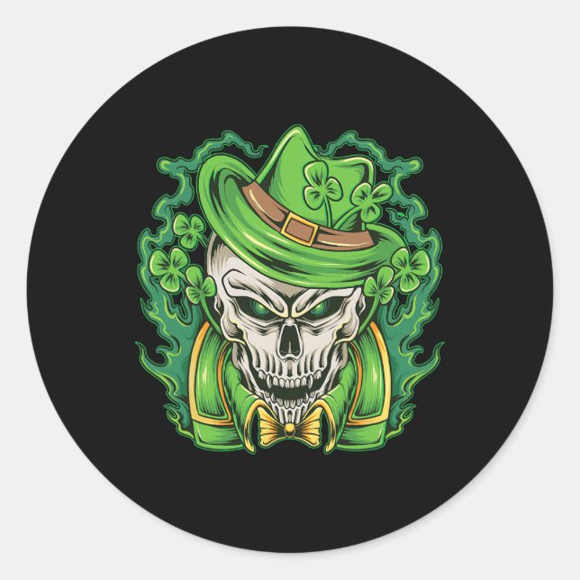 Pegatina Redonda St Patricks Day Leprechaun Skull Shamrock (Anverso)