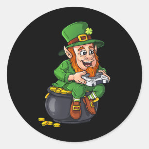 Pegatina Redonda St Patricks Day Leprechaun Video Game Controller B