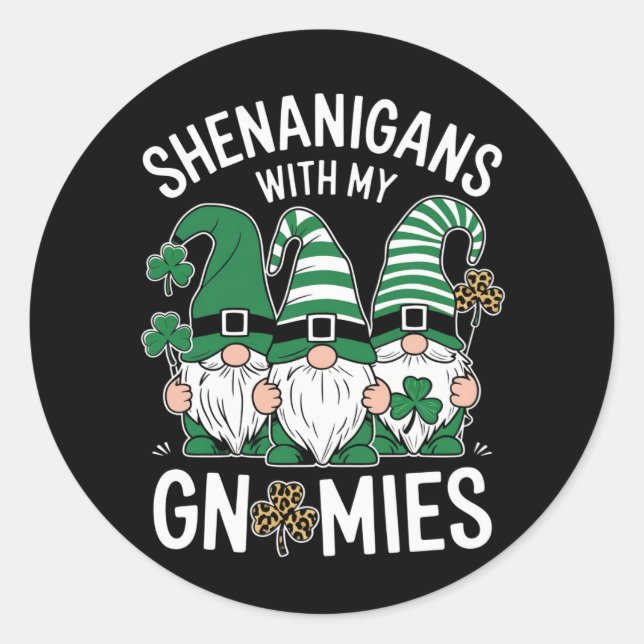 Pegatina Redonda St Patricks Day Lucky Shamrock Leopard Gnomes (Anverso)