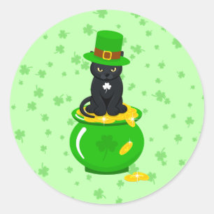 Pegatina Redonda St. Patrick's Day Shamrock Pot of Gold Black Cat