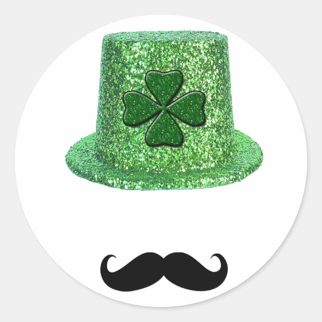 Pegatina Redonda St. Patrick's Day Shamrock Sparkle Gorra & Mustach (Anverso)