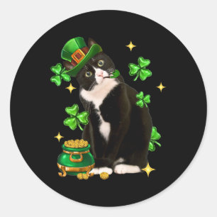 Pegatina Redonda St Patrics Day Cute Tuxedo Cat Shamrock Irish Cat
