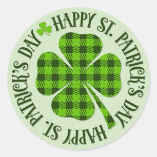 Pegatina Redonda St Patrones Día Green Plaid Shamrock Clover
