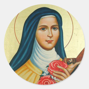 Pegatina Redonda St. Teresa el pequeño crucifijo de los rosas de la