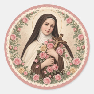Pegatina Redonda St. Therese Pequeña Flor Rosas Rosadas Católico