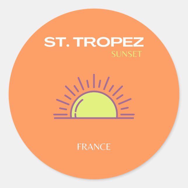 Pegatina Redonda St Tropez, Francia, Sunset, Travel Art, Naranja (Anverso)