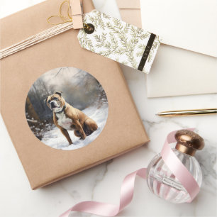 Pegatina Redonda Staffordshire Bull Terrier Deja que nieve Navidad
