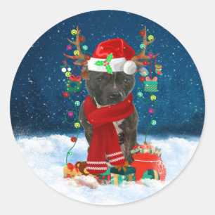 Pegatina Redonda Staffordshire Bull Terrier en Nieve con Navidades