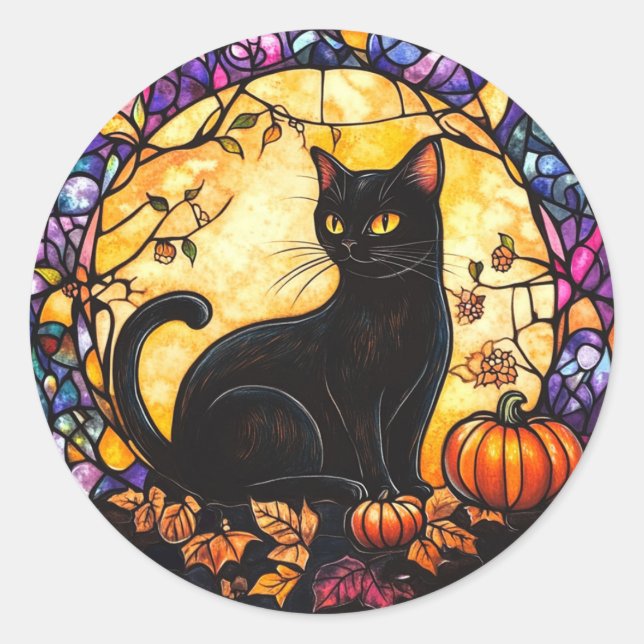 Pegatina Redonda Stained Glass Cat in the Moonlight Stickers (Anverso)
