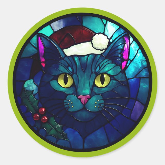 Pegatina Redonda Stained-Glass Christmas Black Cat In Red Hat (Anverso)