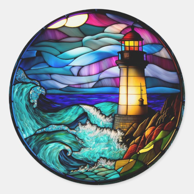 Pegatina Redonda Stained Glass Lighthouse (Anverso)