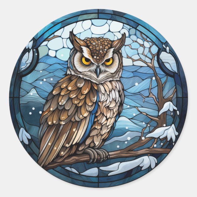 Pegatina Redonda Stained Glass Owl (Anverso)