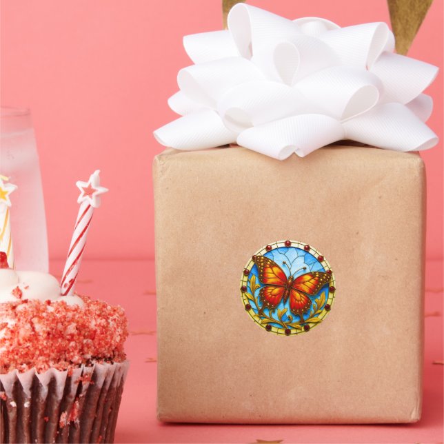 Pegatina Redonda Stained glass window butterfly (Fiesta)