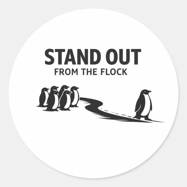 Pegatina Redonda Stand Out From The Flock – Minimal Penguin Motivat (Anverso)