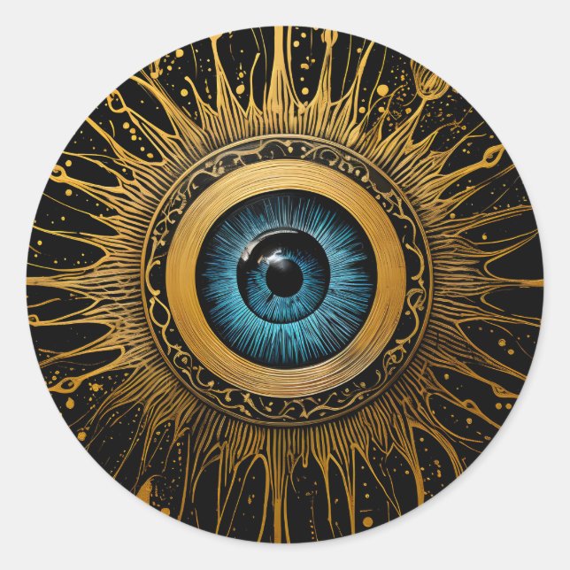 Pegatina Redonda Starburst Black and Gold Occult Blue Evil Eye (Anverso)