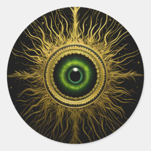 Pegatina Redonda Starburst de Ojo Verde Negro y Oro Occult