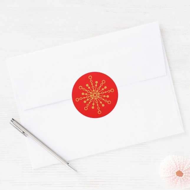 Pegatina Redonda Starburst Retro Atomic MidCentury Mod Red & Gold (Sobre)