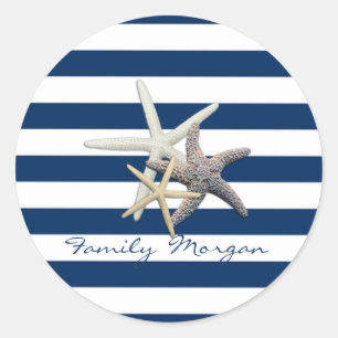 Pegatina Redonda Starfish Adorable, Navy Blue Stripes Personalizado