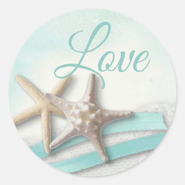 Pegatina Redonda Starfish and Ribbon Turquoise Love (Anverso)