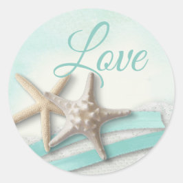 Pegatina Redonda Starfish and Ribbon Turquoise Love