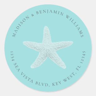 Pegatina Redonda Starfish Beach Family Return Address Blue Classic