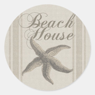 Pegatina Redonda Starfish Beach House Seashore Coastre