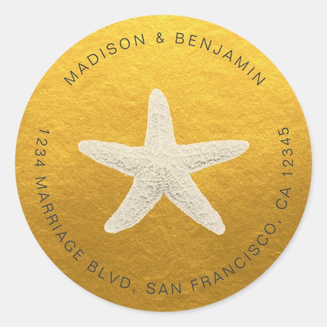 Pegatina Redonda Starfish Beach Wedding Dirección de retorno Classi (Anverso)