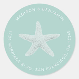 Pegatina Redonda Starfish Beach Wedding Return Address Blue