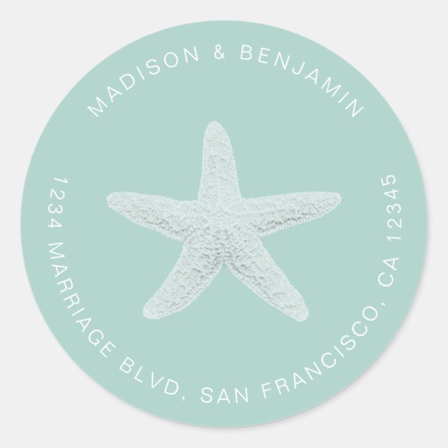 Pegatina Redonda Starfish Beach Wedding Return Address Blue (Anverso)