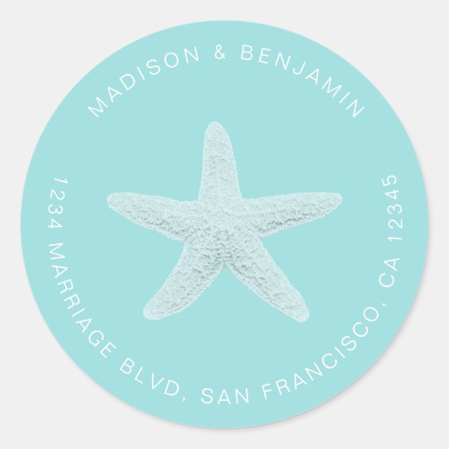 Pegatina Redonda Starfish Beach Wedding Return Address Blue (Anverso)