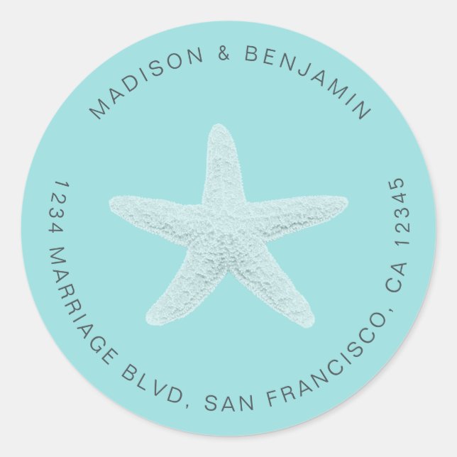 Pegatina Redonda Starfish Beach Wedding Return Address Blue (Anverso)