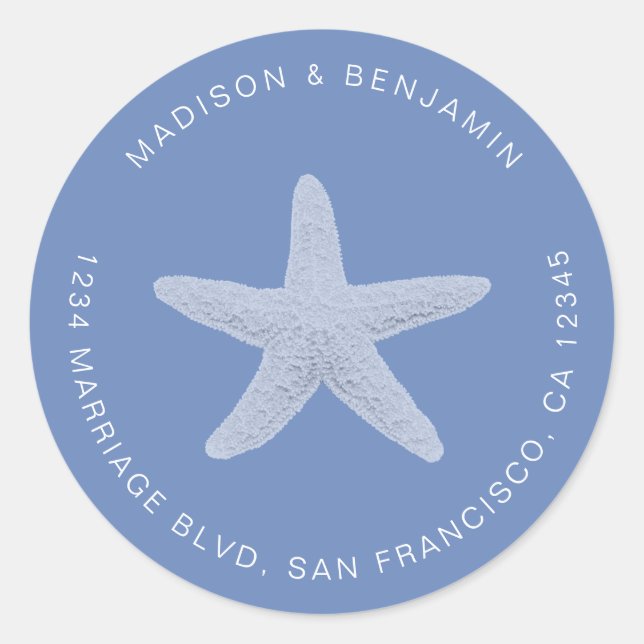 Pegatina Redonda Starfish Beach Wedding Return Address Blue (Anverso)