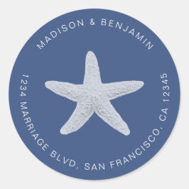 Pegatina Redonda Starfish Beach Wedding Return Address Blue
