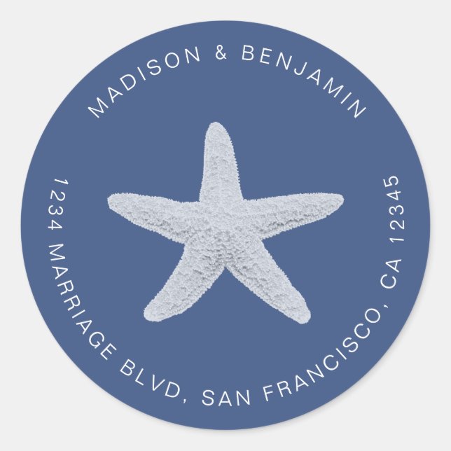 Pegatina Redonda Starfish Beach Wedding Return Address Blue (Anverso)