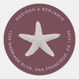 Pegatina Redonda Starfish Beach Wedding Return Address Burgundy