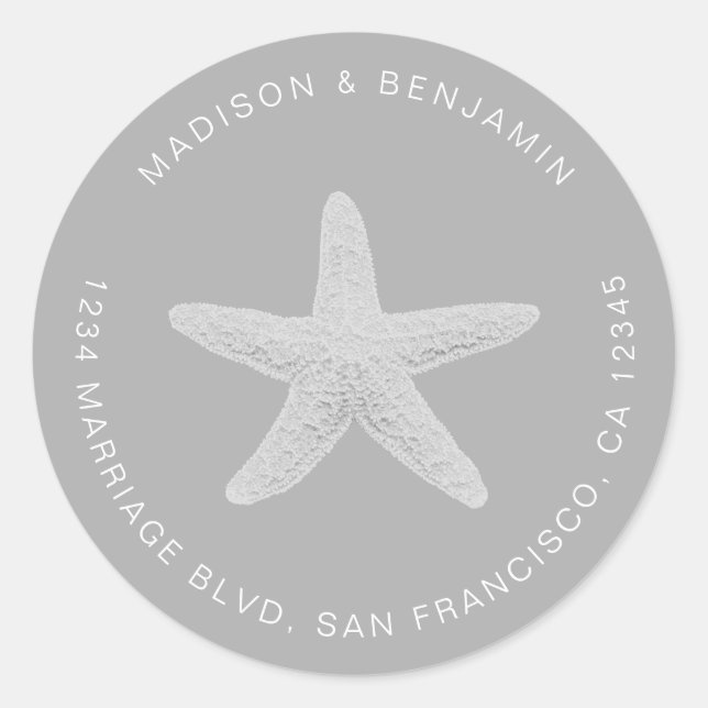Pegatina Redonda Starfish Beach Wedding Return Address Gray (Anverso)